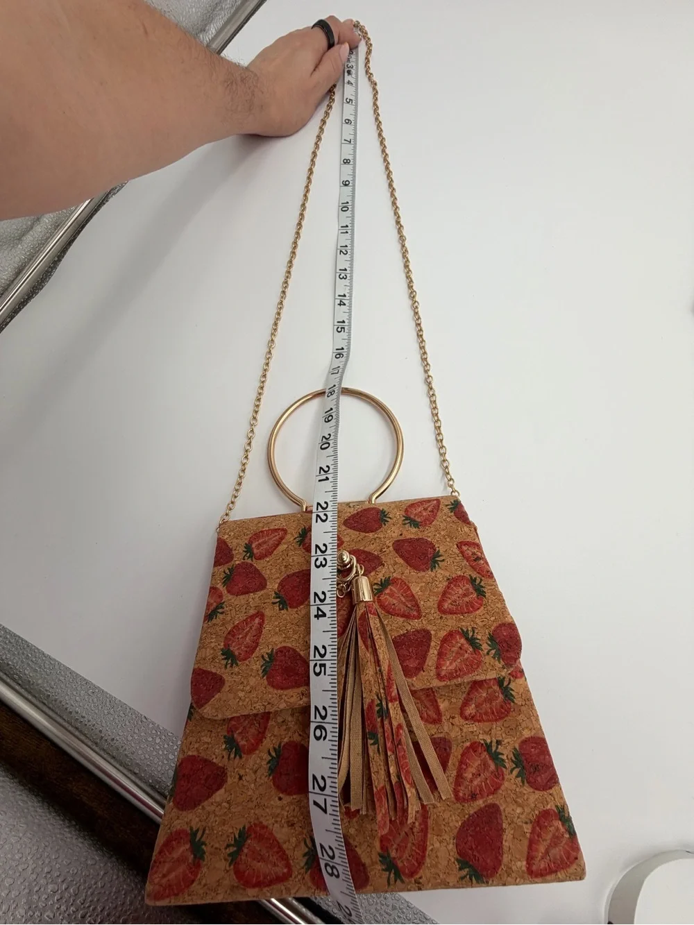 Strawberry Print Cork Crossbody Satchel Gold Ring Handle 3-Way Bag